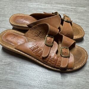 Rapallo Leather Sandals Size 7M Tan Slip On Wedge Mule Double Buckle Weave